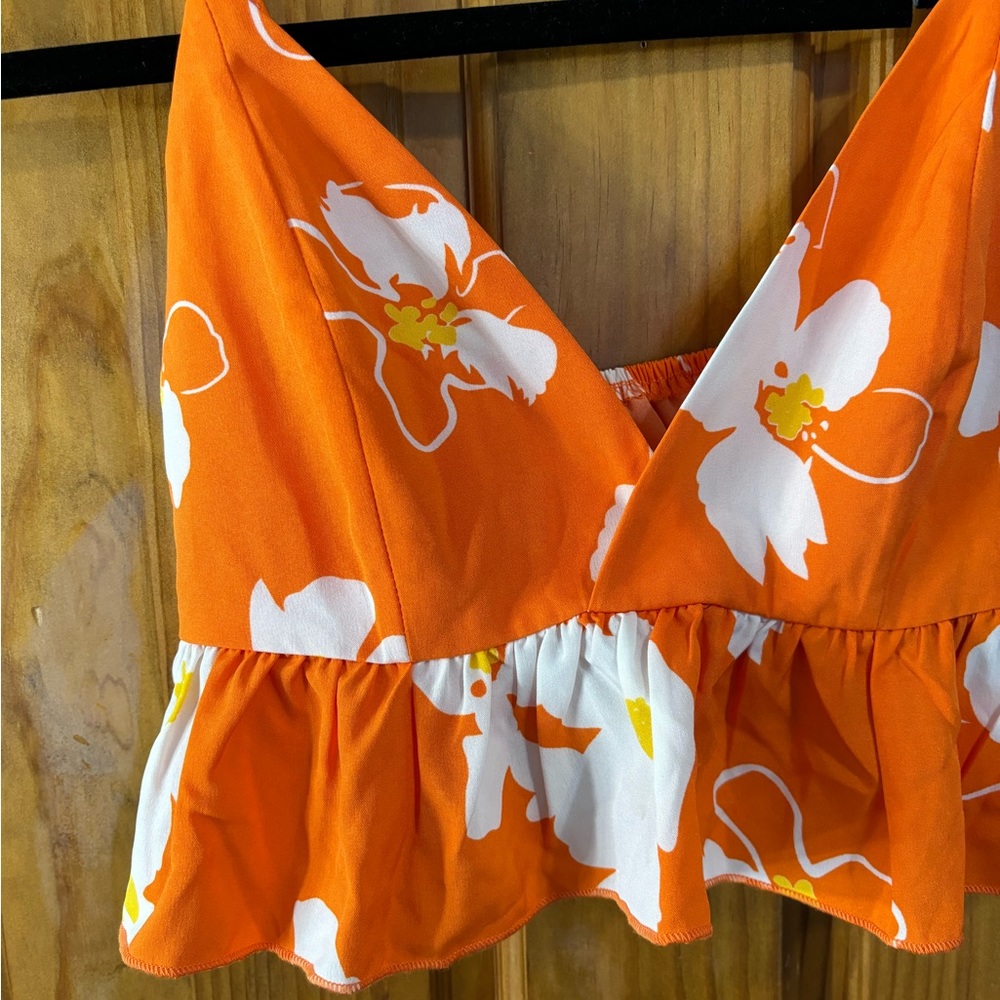 Orange Floral Ruffle Crop Top - Picture 7 of 8